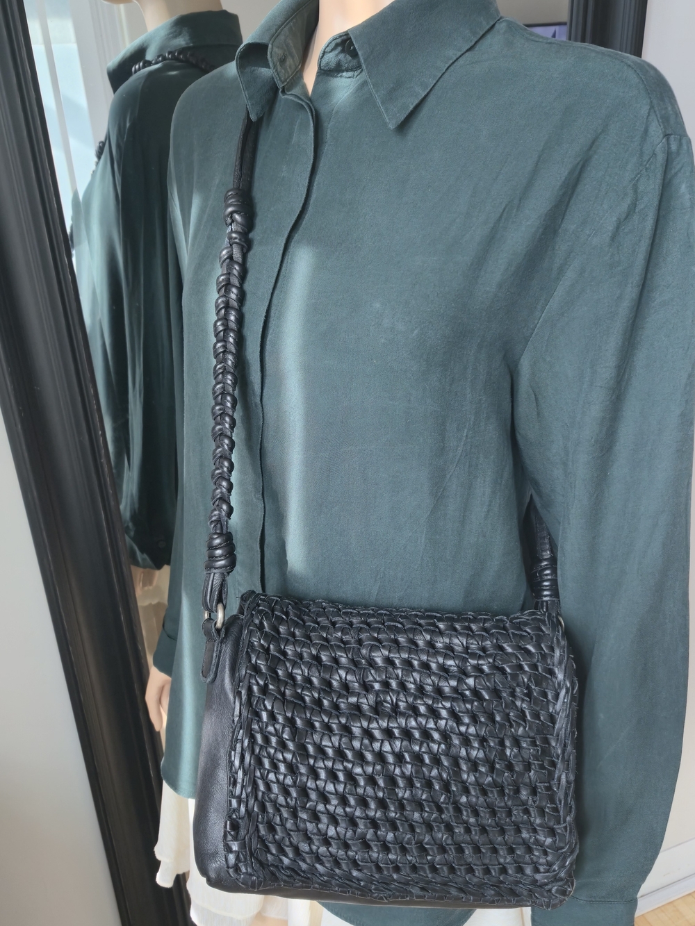 Leather Crossbody Bag Black Textured Woven Front With Braided Shoulder Strap
